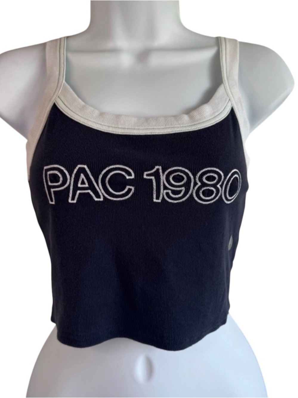 NWT PacSun Blue and White CropTank Green Stitching Retro Y2K Skater Blokette SzM